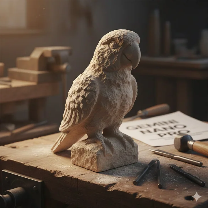 Miniature stone carvings with a highly textured appearance under warm light