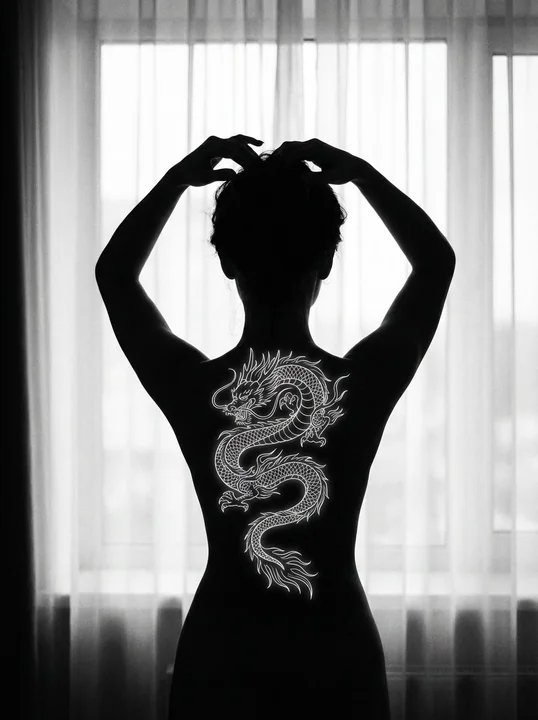 逆光剪影背上的发光白龙纹身