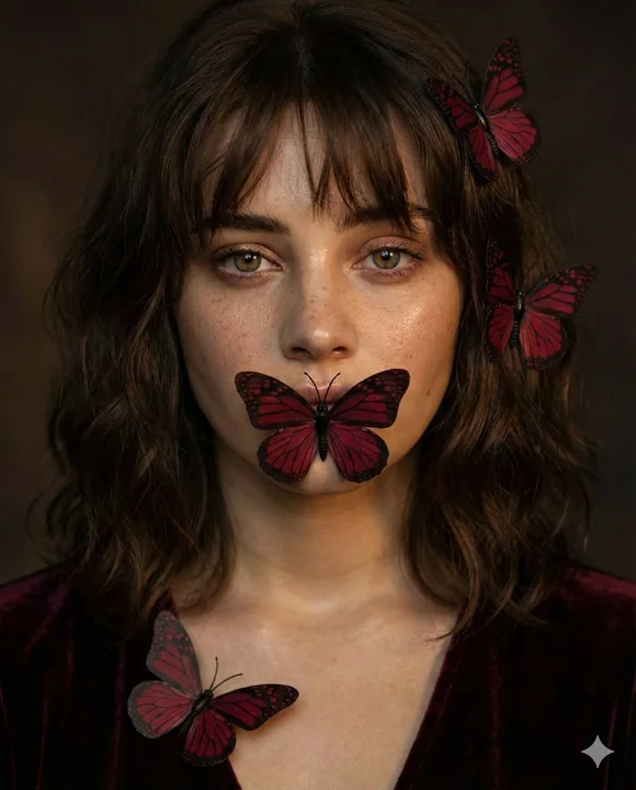 唯美光影下的蝴蝶遮面红丝绒少女