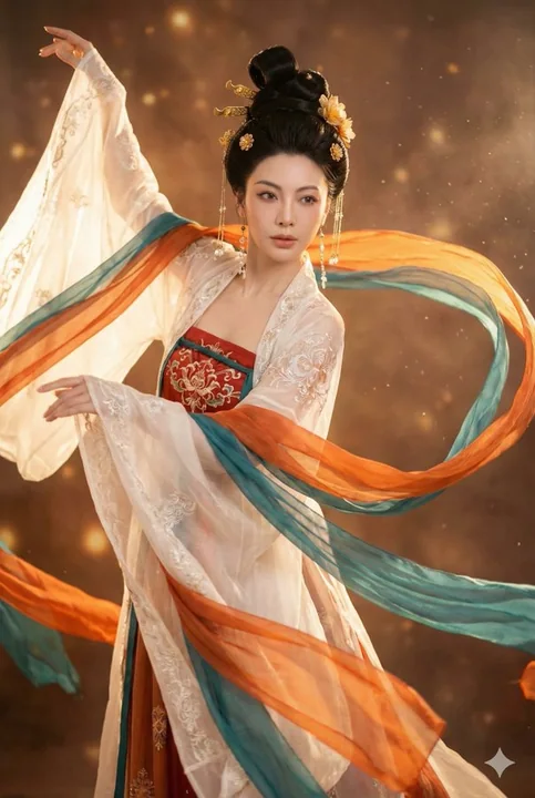 A young woman dressed in magnificent Tang dynasty attire