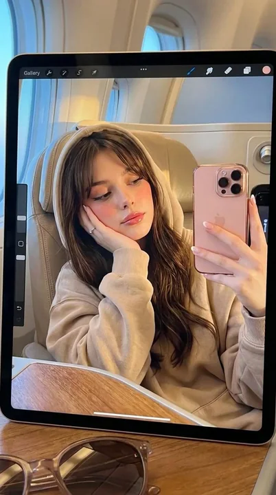 女性の姿が飛行機の折りたたみテーブルにあるiPadの画面に映っている。