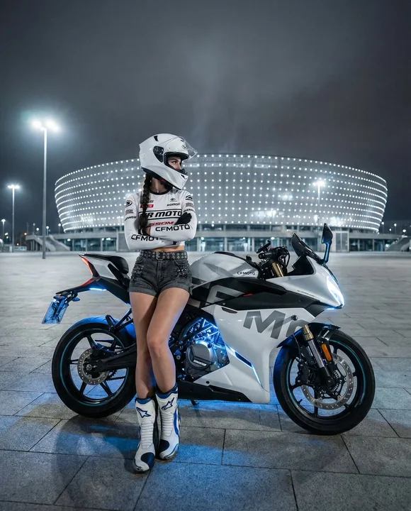 Cool and fierce female knight under the neon night with a white super sports motorcycle