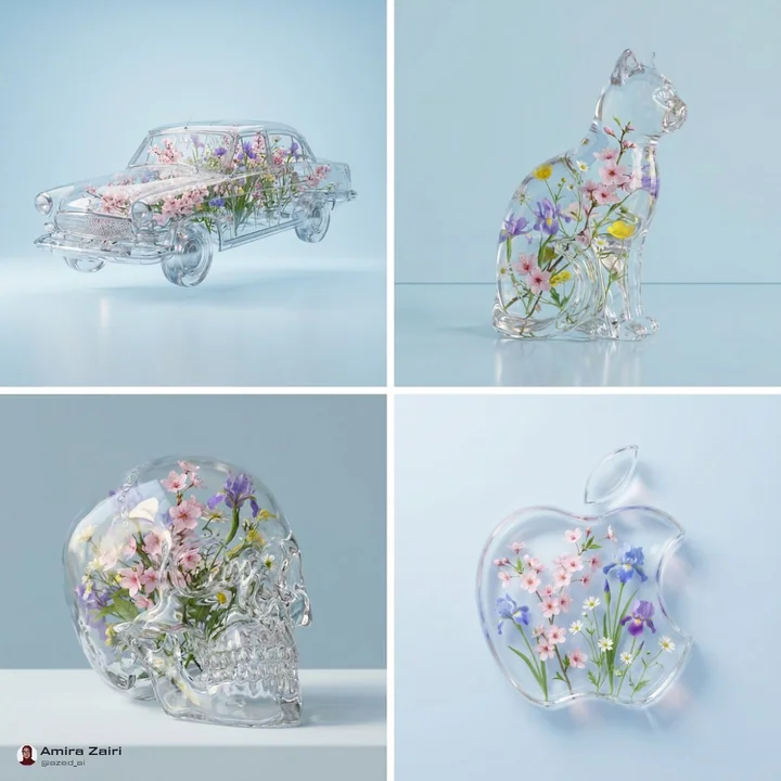 Transparent objects are filled with delicate flowers.