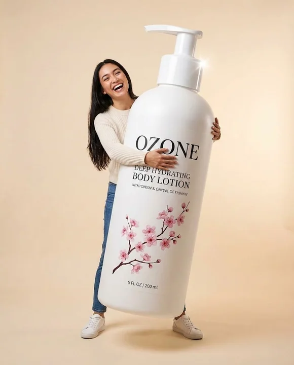 欢笑少女拥抱巨型臭氧身体乳的超现实瞬间