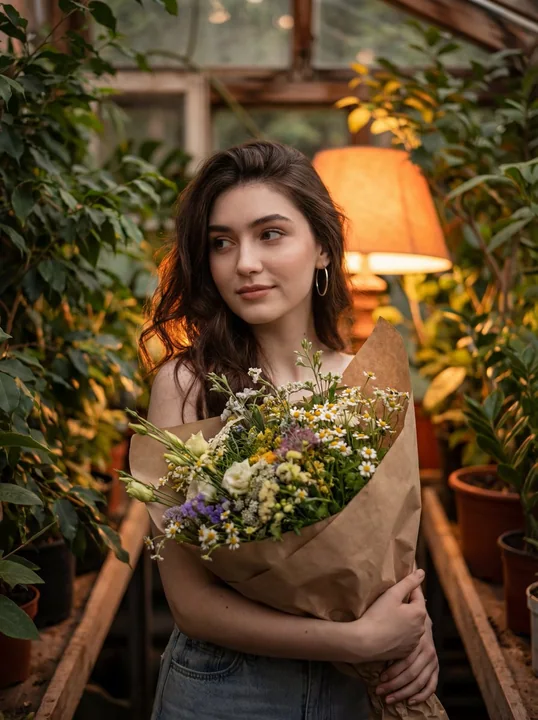 暖光花丛中手捧花束的慵懒甜美少女