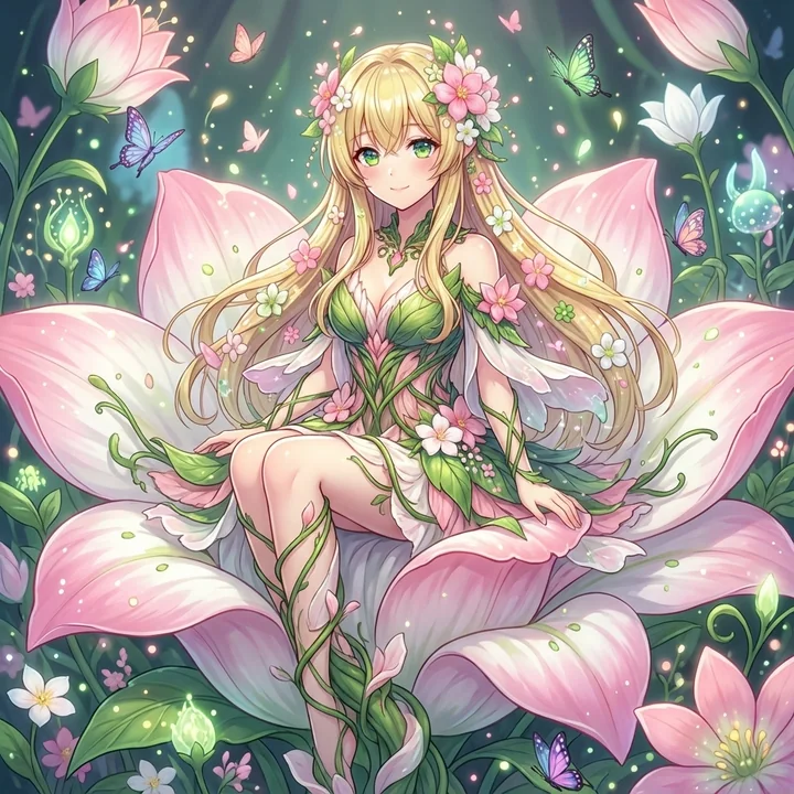 奇幻花灵少女绽放巨型花朵的梦幻礼服