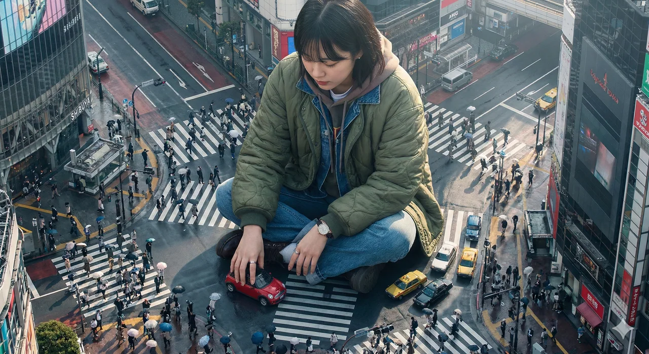 A giant Korean woman stands in a bustling street.