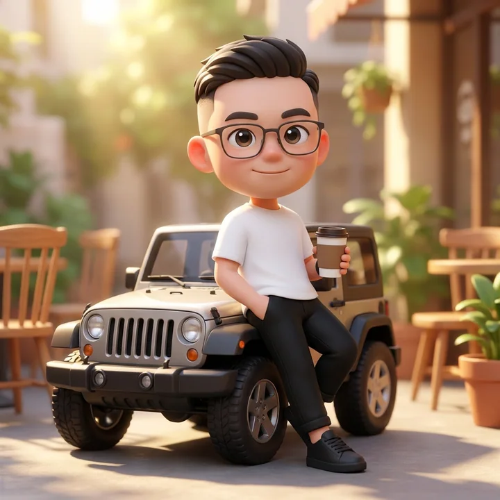 皮克斯风3D超萌Q版少年倚靠吉普车喝咖啡