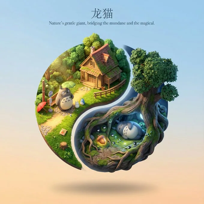 可爱的3D卡通立体场景，漂浮的太极