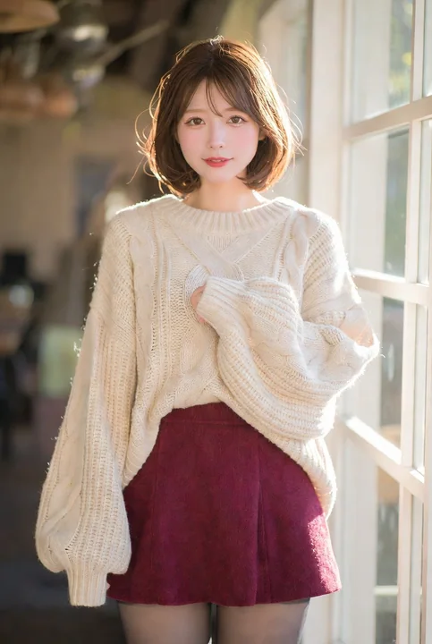 秋日暖阳下穿着毛衣的温柔回眸少女