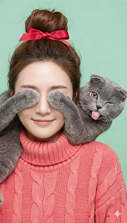 萌猫捂眼猜猜看的治愈系少女肖像