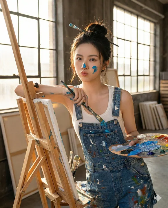 午后阳光画室中俏皮嘟嘴的年轻女画家