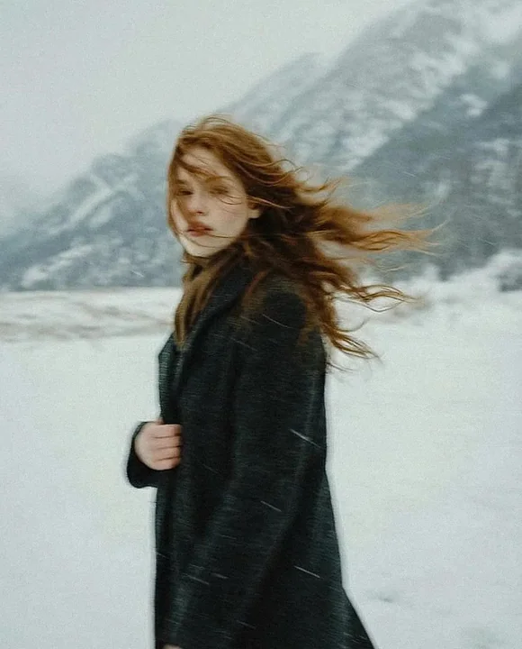 A poetic moment of solitary figure with chestnut-brown hair flowing in the wind in the snowy land