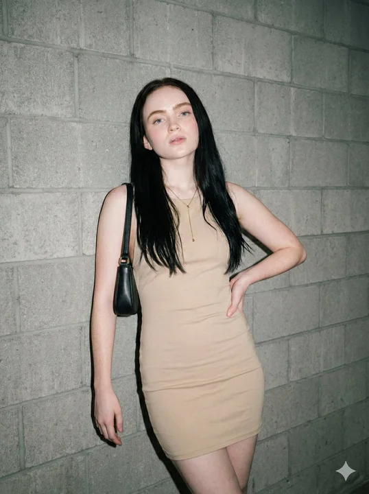 Portrait de mode en robe beige dos nu sous les flashs de la ville