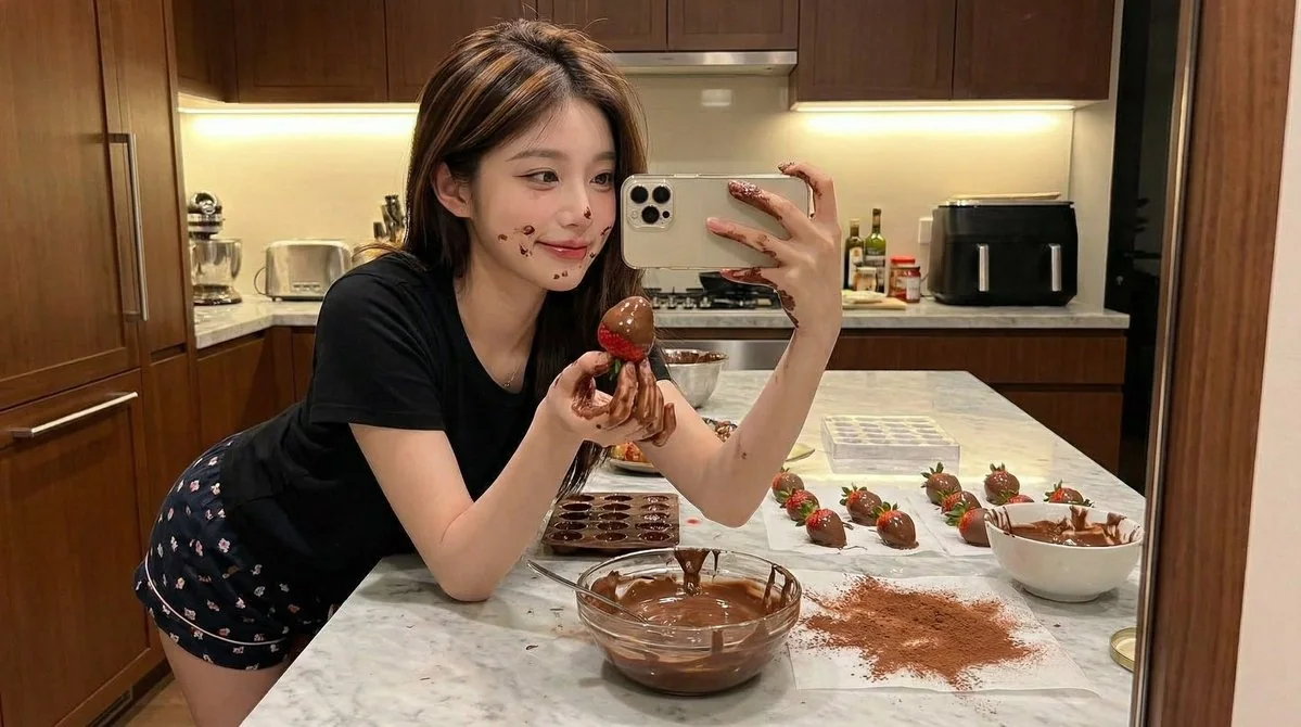 Selfie ultra-réaliste dans une cuisine d’une jeune fille espiègle couverte de chocolat