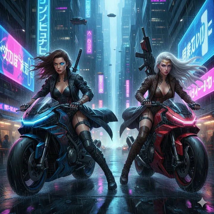 Double chevauchée sous la pluie néon : la course effrénée d’une mercenaire cybernétique