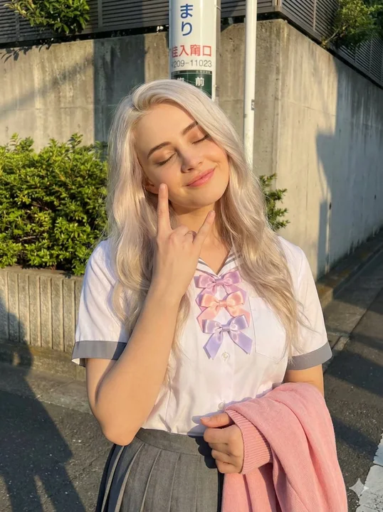 Une jeune fille en uniforme scolaire aux longs cheveux blond platine, souriant doucement les yeux fermés sous la chaude lumière dorée du soleil