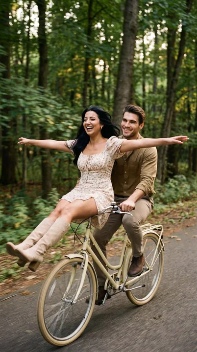 A vintage bicycle racing through the woods and a lover with arms outstretched