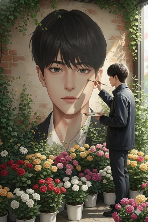 An artist drawing a realistic self-portrait in a cozy café