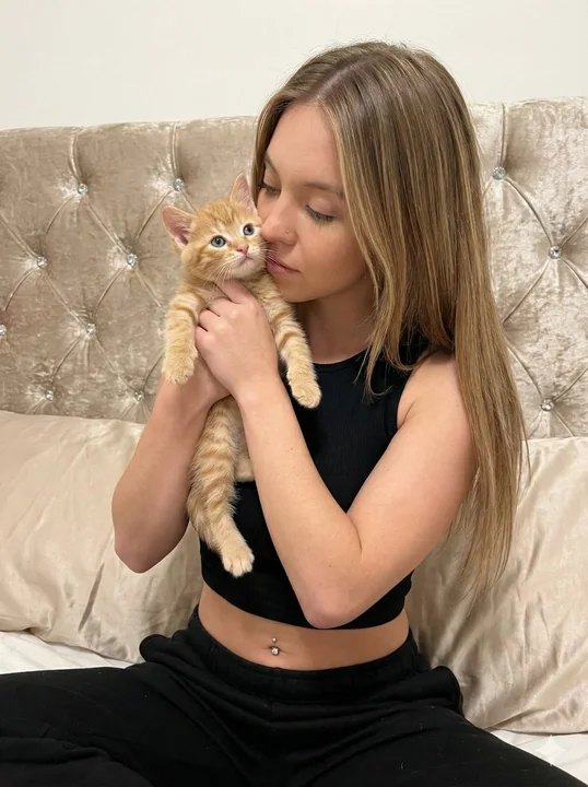 A tender moment of a Hollywood sweetheart cuddling an adorable turmeric-colored cat