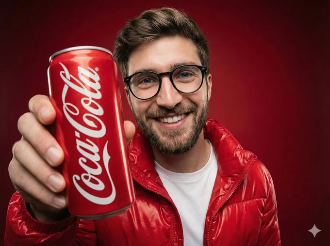 A smiling person holds a Coca-Cola aluminum can.