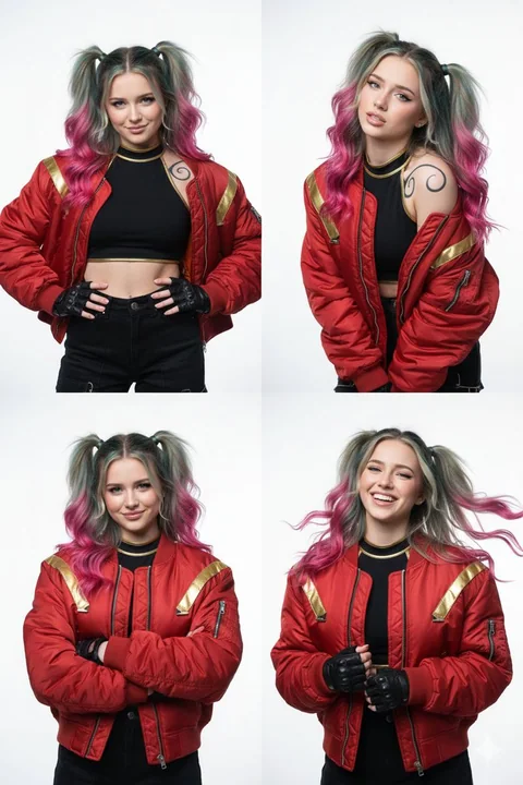 Portraits en quatre cases d’une jeune fille rebelle au style cyber Harley Quinn