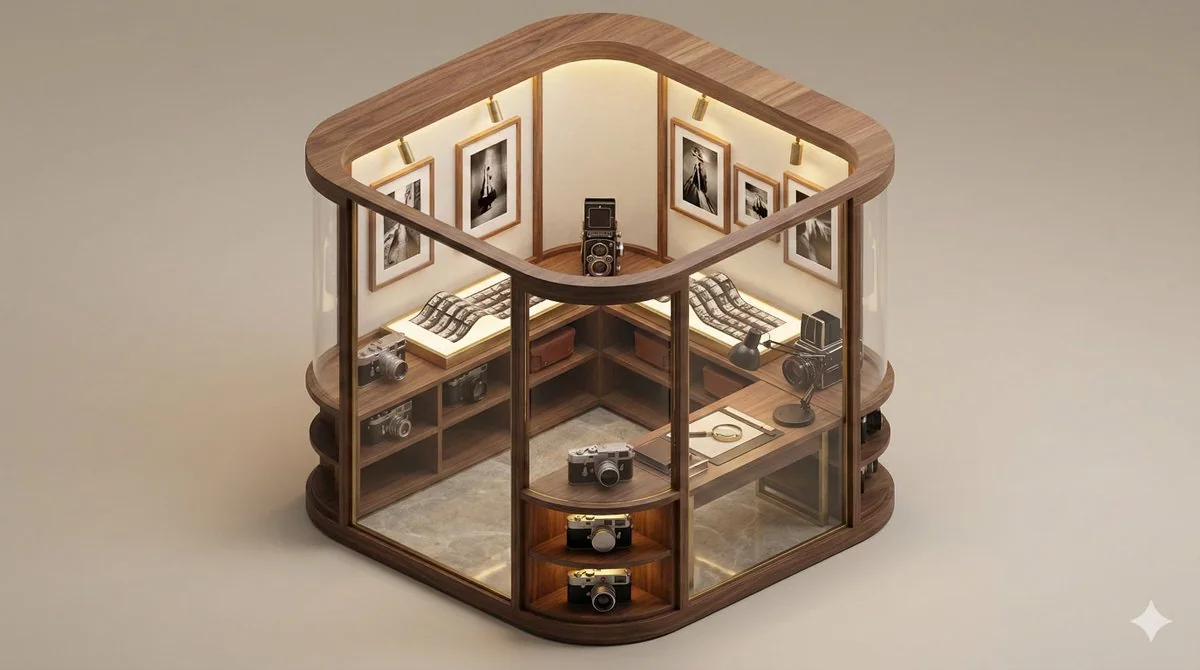 Minimalist 3D isometric miniature model of an exhibition space