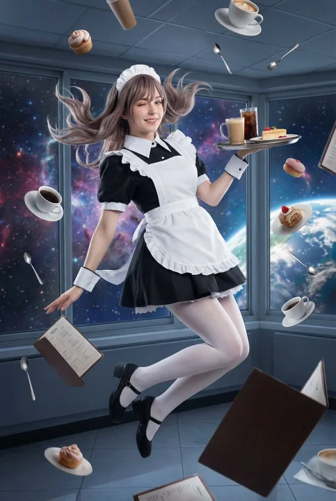 A stunningly beautiful maid floating weightlessly in the air