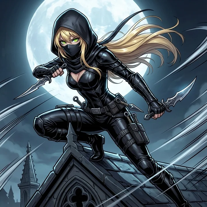 In the moonlight, a dark shadow follows, cold eyes gleaming beneath the hood.