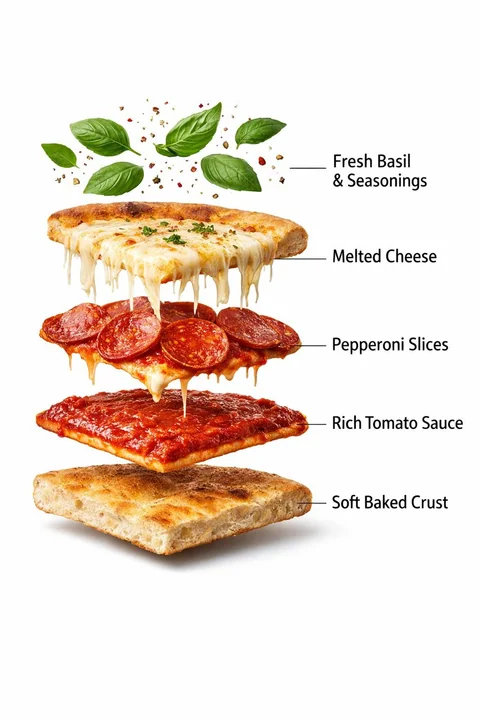 Hyper-realistic commercial-grade rotating pizza layered deconstruction