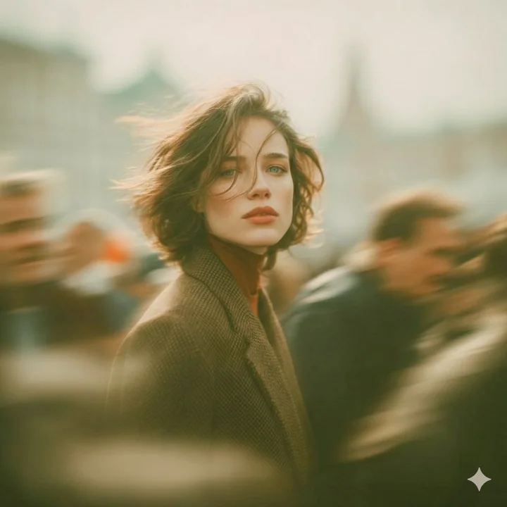 A still, retro cinematic girl in a bustling city