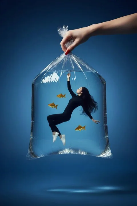 Une femme flotte dans un grand sac en plastique transparent rempli d'eau.