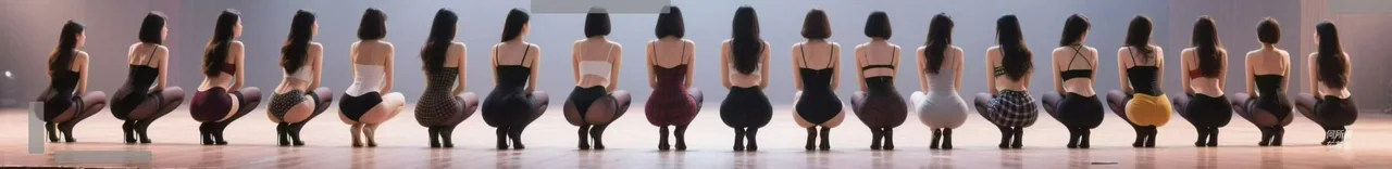 Multiple women are squatting on the stage set.