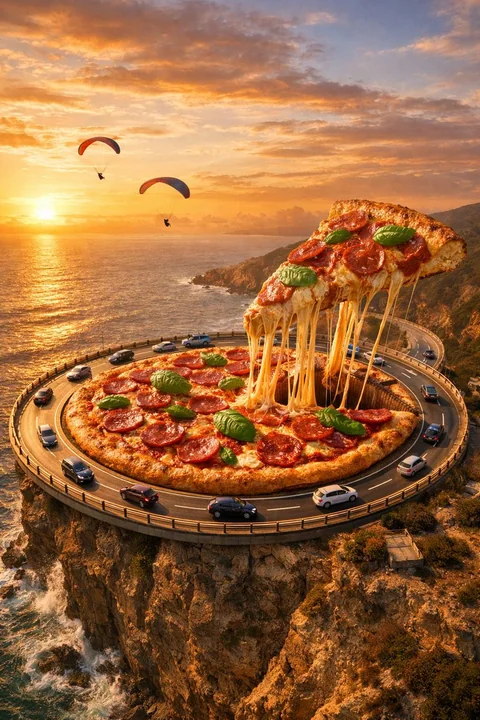 Une route circulaire en forme de pizza géante sur une côte de falaises au coucher du soleil