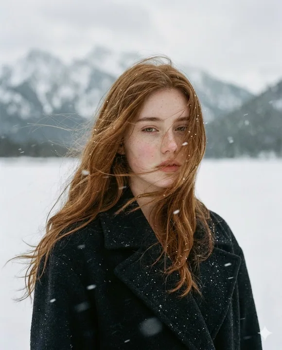 A cinematic realistic portrait of a red-haired girl against a snowy mountain background