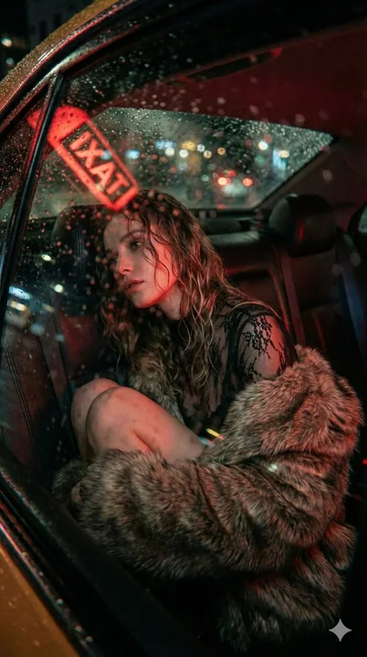 Le spectre aux tons rouges derrière la vitre d’un taxi par une nuit de pluie brumeuse