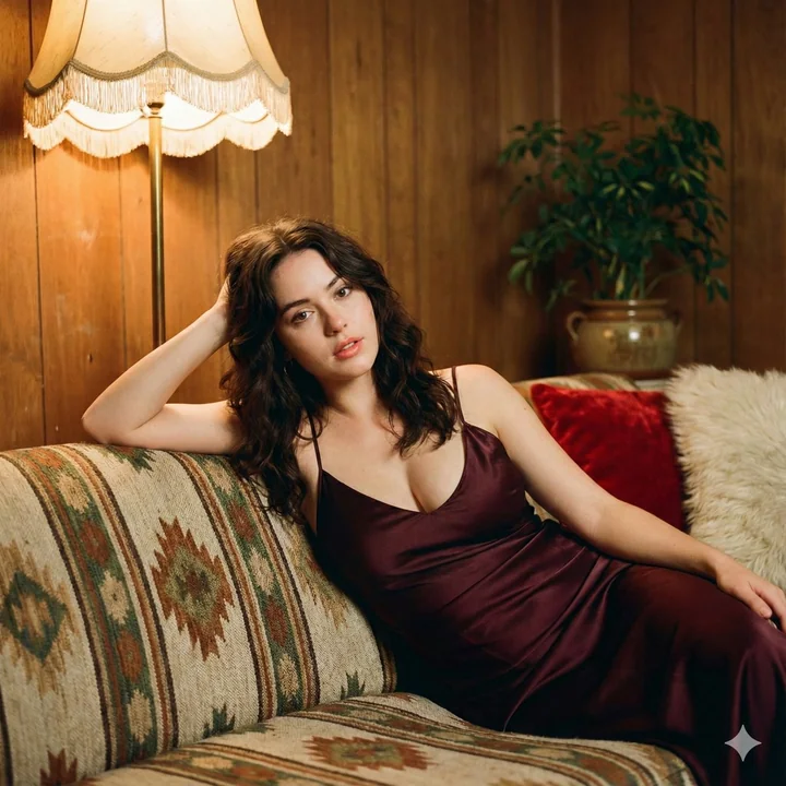 A languid, alluring burgundy lady under a vintage floor lamp