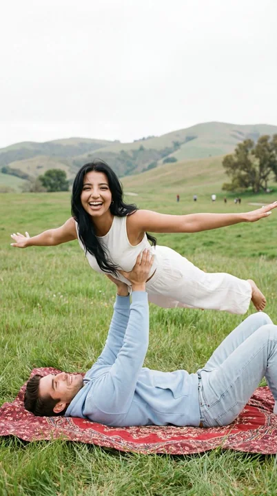Capture spontanée d’une pose d’avion en yoga à deux, romantique, sur une pelouse ensoleillée