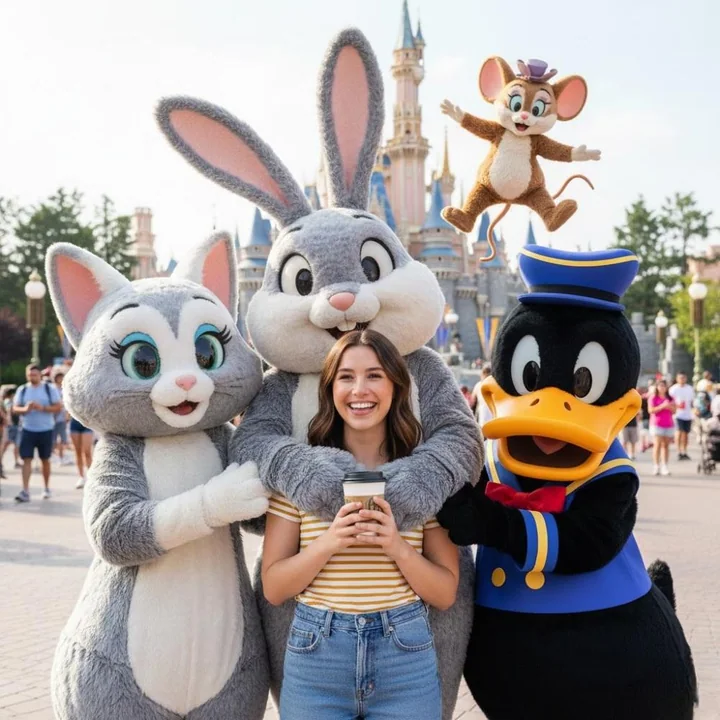 A joyful group photo of a girl and her dolls in front of a fairy-tale castle