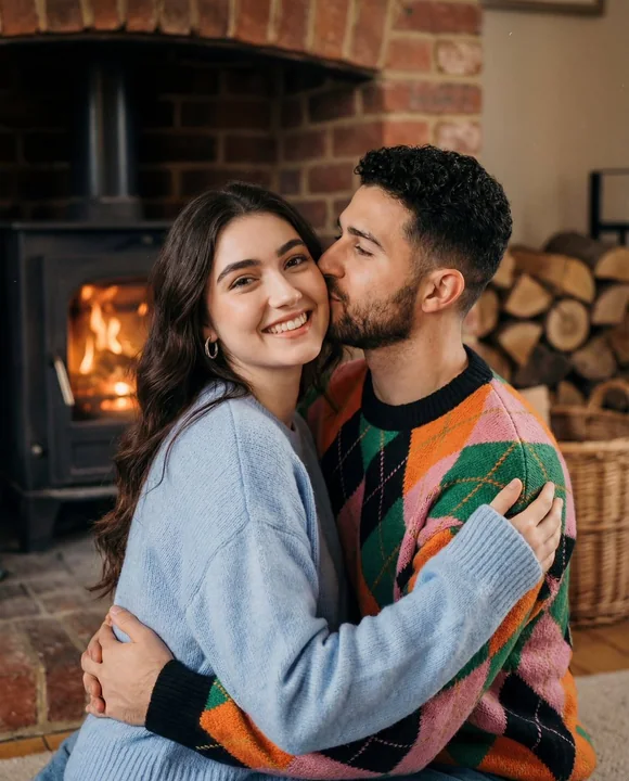 Sweet lovers warmly embracing and kissing by the glow of the fireplace.