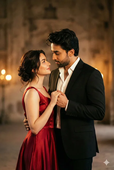A loving gaze between a couple in red under dim light and shadow