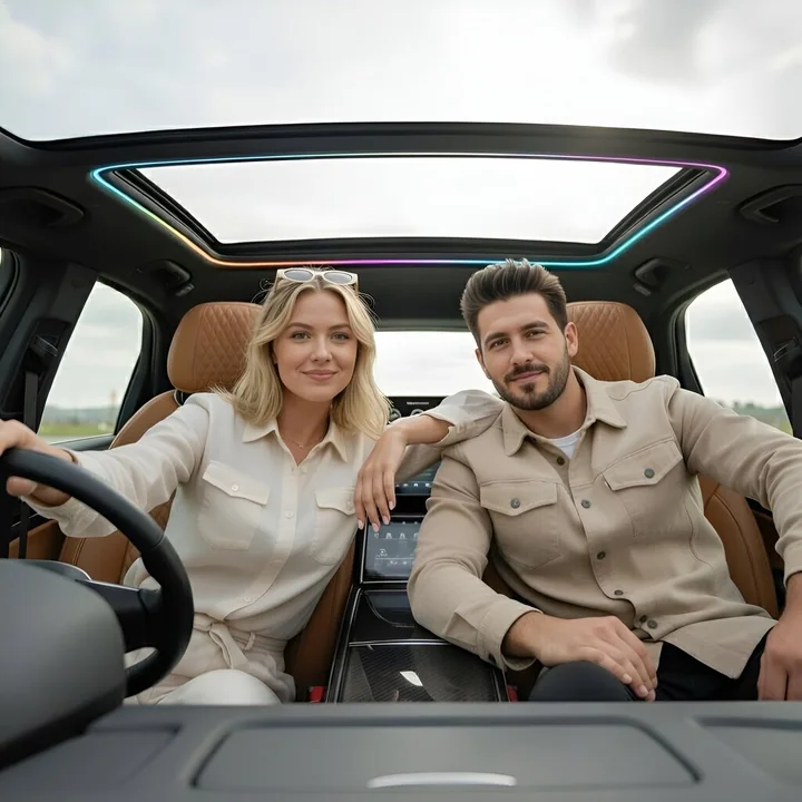 Ana de Armas conduit une luxueuse voiture de sport décapotable sur une piste d’aéroport ensoleillée.