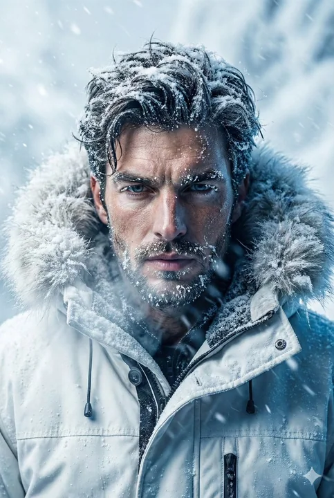 Portrait d'explorateur résolu dans une tempête de neige extrêmement froide, style cinéma