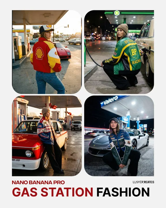 Retro racing-style streetwear street shot under neon night lights