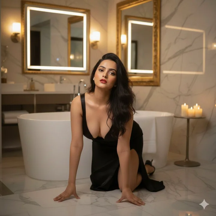 A stunning mirror selfie of a red-dressed beauty in a luxurious bedroom.