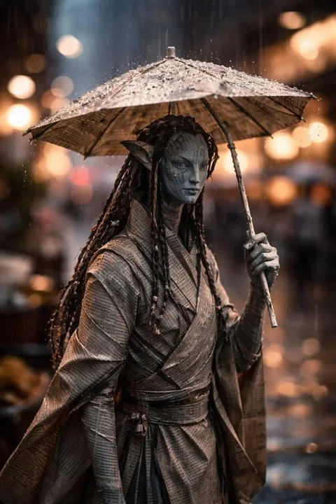 Cinematic newspaper origami doll on a bustling street on a rainy night