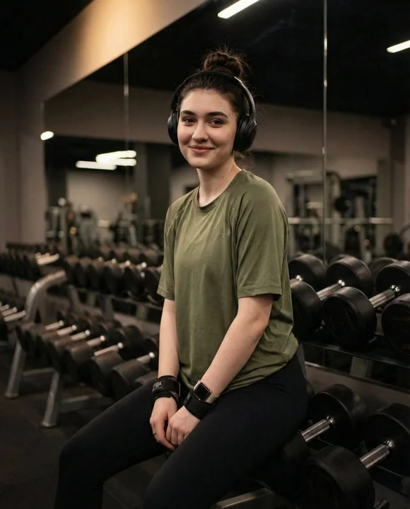暖色系の光と影の中、ジムで自信に満ちた座り姿を見せるファッショナブルなスポーツ女子