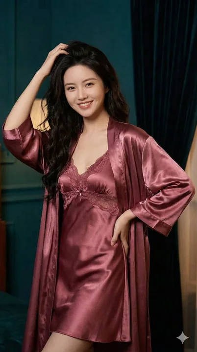 髪を撫でるような美しいピンクのシルクのパジャマを着た女性