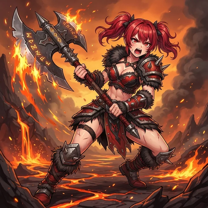 On the battlefield, crimson lightning flashes rapidly, the mighty axe cleaving through all things.