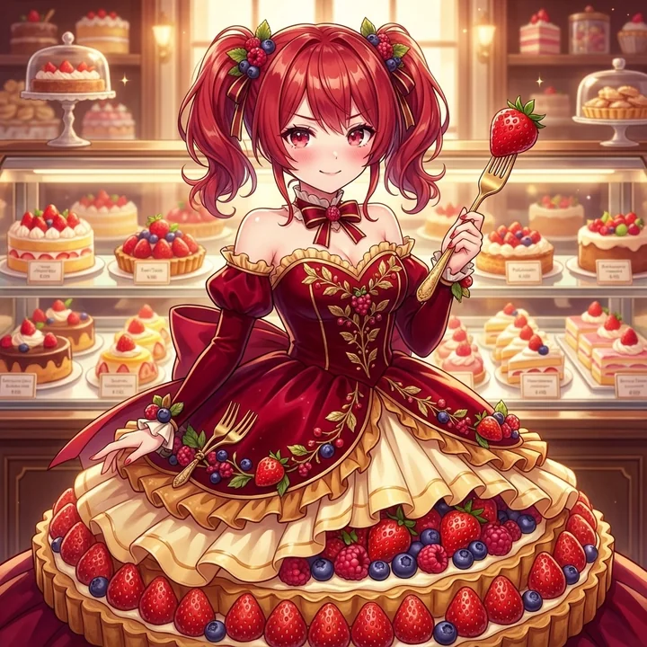華やかなストロベリーのワンピースを着た少女が、酸っぱい甘い初恋を味わう